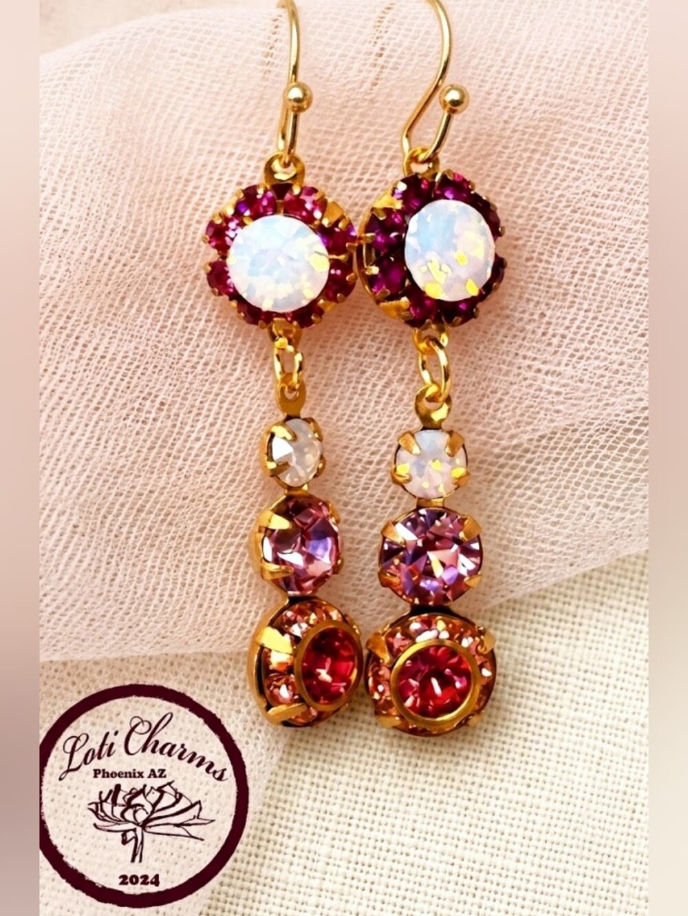 Rose Opal & Pink Flower Swarovski Crystal In Dainy Gold Plated Earrings